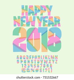 Tarjeta de felicitación de Año Nuevo Vector Happy para niños. Recortar letras de alfabeto, números, símbolos.