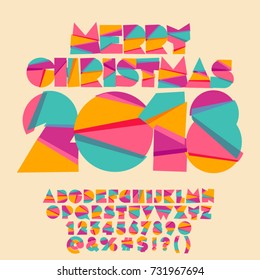 Vector Happy New Year greeting card for Kids. Bright Alphabet Letters, Numbers, Symbols.