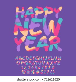 Vector Happy New Year Greeting Card for Children. Bright Alphabet Letters, Numbers, Symbols.