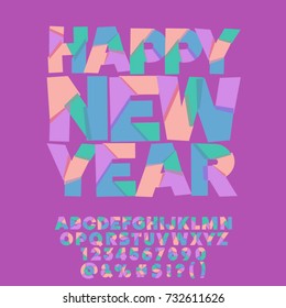 Vector Happy New Year Greeting Card for Kids. Bright Alphabet Letters, Numbers, Symbols.