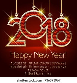 Vector Happy New Year Greeting Card with Red shiny Toys. Golden Alphabet Letters, Numbers, Symbols. Font contains Graphic 
