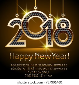 Vector Happy New Year Greeting Card with Golden Toys 2018. Alphabet Letters, Numbers, Symbols. Golden Font contains Graphic Style