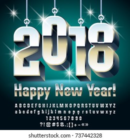 Vector Happy New Year Greeting Card with Silver Toys 2018. Alphabet Letters, Numbers, Symbols. Font contains Graphic Style
