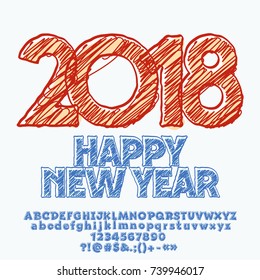 Vector Happy New Year Greeting Card with scetch drawing 2018. Handdrawn set of Alphabet letters, Numbers and punctuation Symbols. Graphic style Font