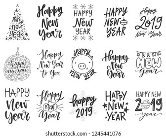 Vector  Happy New Year hand lettering typography set. Great black and white text design for greeting cards, gift tags, banners