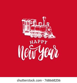 Vector Happy New Year hand lettering with toy train illustration on red background. Festive typography for greeting card template or poster concept.