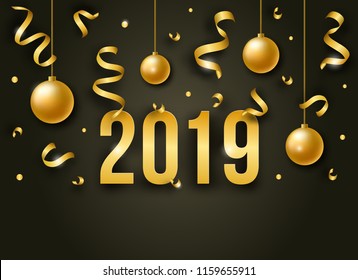 Vector Happy New Year illustration with 2019. Golden shiny numbers with ribbons, balls and confetti