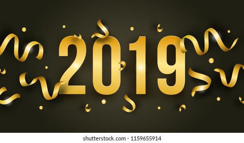 Vector Happy New Year illustration with 2019. Golden shiny numbers with ribbons and confetti
