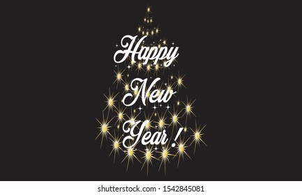 Vector Happy New Year illustration. Gold Christmas tree and black background. New Year text from 2020
