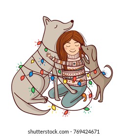 Vector Happy New Year illustration with girl and dogs with garlands and snow. Can be used and printed as card, postcard, placard, poster, invitation