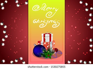 Vector happy new year and merry christmas banner. Red-yellow background with a garland of luminous white lights. Colorful christmas elements.