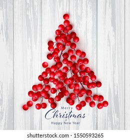 Vector Happy New Year and Merry Christmas background with red holly berry branches on white wooden background decoration in Christmas tree shape. Seasonal holidays banner