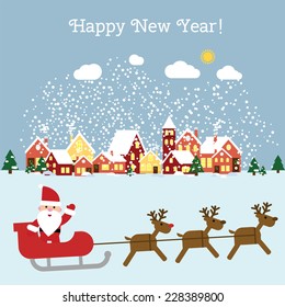 Vector  Happy New Year and Merry Christmas greeting card with Santa and winter landscape. EPS 10