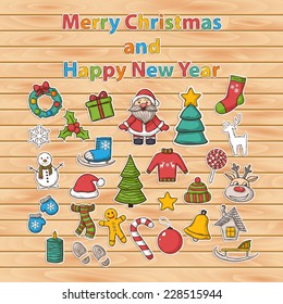 Vector Happy New Year and Merry Christmas sticker set,with Santa Claus,snowman,Christmas tree,sleigh,candy,house,ice skates,snowflake,gift,candle,Christmas wreath,Christmas toys,mittens,hat,scarf,deer