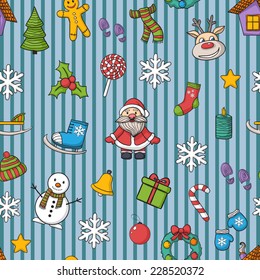 Vector  Happy New Year and Merry Christmas pattern in blue line,with Santa Claus,snowman, Christmas tree,  candy , ice skates, snowflake,gift, candle, Christmas wreath, Christmas toys, hat, scarf,deer