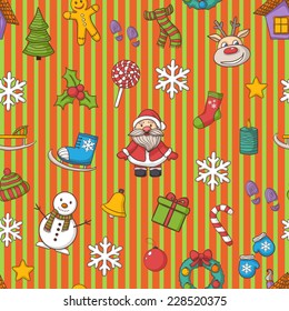 Vector  Happy New Year and Merry Christmas pattern in line,with Santa Claus,snowman, Christmas tree,  candy , ice skates, snowflake,gift, candle, Christmas wreath, Christmas toys, hat, scarf,sock,deer