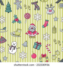 Vector  Happy New Year and Merry Christmas pattern in blue line,with Santa Claus,snowman, Christmas tree,  candy , ice skates, snowflake,gift, candle, Christmas wreath, Christmas toys, hat, scarf,deer