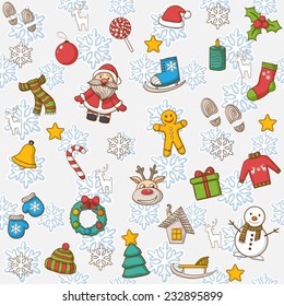 Vector Happy New Year and Merry Christmas pattern,with Santa Claus,snowman,Christmas tree,candy, house, ice skates,snowflake,gift, candle, Christmas wreath