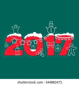 Vector Happy New Year and Merry Christmas 2017 greeting card with winter landscape. EPS 10