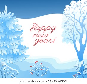 Vector happy new year poster background template with winter landscape with spruce tree, oak and abstract plants with red berries and snowcaps. Holiday decoration design illustration.