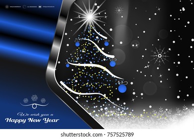 Vector Happy New Year poster in the metal blue frame with Christmas tree, blue balls, radiance and snowfall.