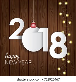 Vector happy new year poster. Cutout paper digits on wooden background with lights. Festive christmas decorations. Paper stickers. Template with space for your design. Craft and rustic style. 