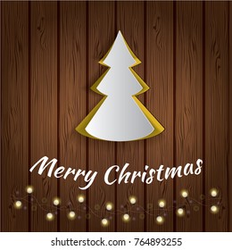 Vector happy new year poster. Cutout paper christmas tree on wooden background with lights. Festive christmas decorations. Paper stickers. Template for your design. Craft and rustic style. 