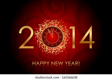 Vector Happy New Year red background with shiny gold clock
