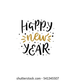 Vector Happy New Year text with glitter elements. Shine hand drawn letters, Black and gold. Holiday illustration for design greeting cards, photo overlays, invitations.