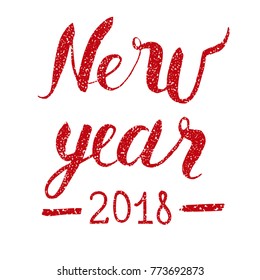 Vector Happy New Year text with glitter elements. Shine hand drawn letters, Black and gold.