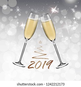 Vector Happy New Year with toasting glasses of champagne on white snow background in realistic style. Greeting card or party invitation with golden Christmas tree illustration.