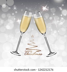 Vector Happy New Year with toasting glasses of champagne on white snow background in realistic style. Greeting card or party invitation with golden Christmas tree illustration.