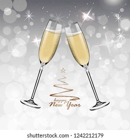 Vector Happy New Year with toasting glasses of champagne on white snow background in realistic style. Greeting card or party invitation with golden Christmas tree illustration.