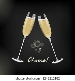 Vector Happy New Year with toasting glasses of champagne on dark background in realistic style. Greeting card or party invitation with golden Christmas tree illustration.