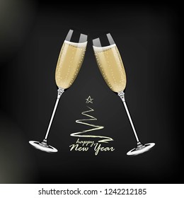 Vector Happy New Year with toasting glasses of champagne on dark background in realistic style. Greeting card or party invitation with golden Christmas tree illustration.