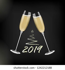 Vector Happy New Year with toasting glasses of champagne on dark background in realistic style. Greeting card or party invitation with golden Christmas tree illustration.