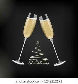 Vector Happy New Year with toasting glasses of champagne on dark background in realistic style. Greeting card or party invitation with golden Christmas tree illustration.