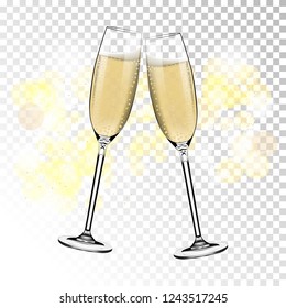 Vector Happy New Year with toasting glasses of champagne on transparent background in realistic style. Greeting card or party invitation with golden bright illustration.