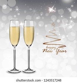 Vector Happy New Year with toasting glasses of champagne on white snow background in realistic style. Greeting card or party invitation with golden Christmas tree illustration.