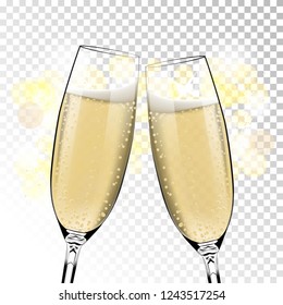 Vector Happy New Year with toasting glasses of champagne on transparent background in realistic style. Greeting card or party invitation with golden bright illustration.