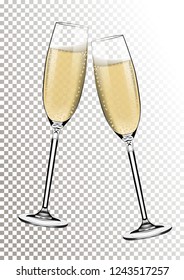 Vector Happy New Year with toasting glasses of champagne on transparent background in realistic style. Greeting card or party invitation with golden bright illustration.