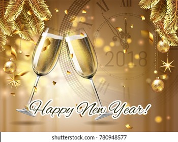Vector Happy New Year mit toasting Gläser Champagner auf goldenem glänzendem Winterurlaub Hintergrund in realistischem Stil mit Uhr.  Grußkarte oder Partyeinladung mit goldenem Weihnachtsbaum, Konfetti