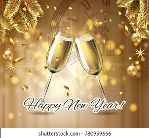 Vector Happy New Year with toasting glasses of champagne on gold shine winter holiday background in realistic style with clock.  Greeting card or party invitation with golden Christmas tree, confetti