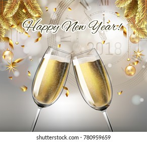 Vector Happy New Year with toasting glasses of champagne on sparkling winter holiday background in realistic style with clock.  Greeting card or party invitation with golden Christmas tree, confetti