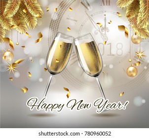 Vector Happy New Year with toasting glasses of champagne on sparkling winter holiday background in realistic style with clock.  Greeting card or party invitation with golden Christmas tree, confetti