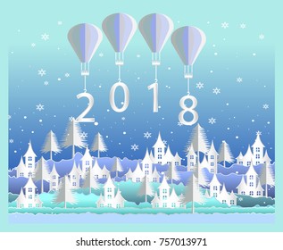 Vector Happy new year and winter season , Snow Urban Countryside Landscape City Village with text 2018,paper art style