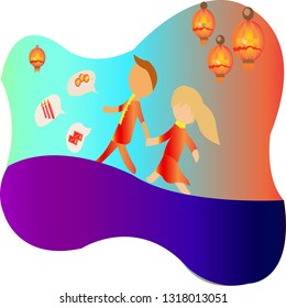 VECTOR HAPPY NEW YEARS IN THE COUPLE WITH ORNAMENT LAMPION OR ANGPAO ORNAMENTS