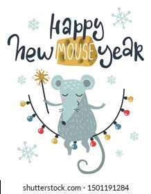 Vector Happy Ney Year greeting card with cute mouse or rat on Christmas garland. The rat is symbol of 2020 year