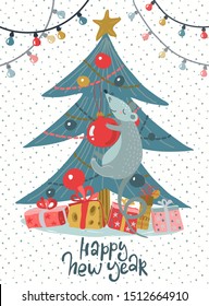 Vector Happy Ney Year greeting card with cute mouse or rat on Christmas tree ball. The rat is symbol of 2020 year