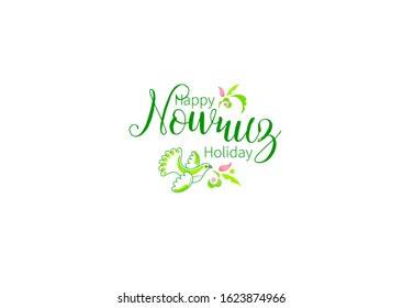 Vector Happy Nowruz Holiday greeting card. Banner with lettering, bird, flowers, leaves for holidays spring celebration. Novruz. Navruz. March equinox. Iranian, Persian New Year. Springtime label.